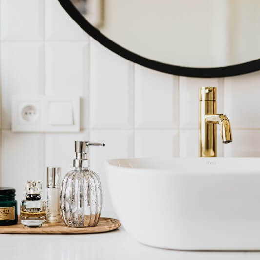 Bathroom vanity white vessel sink gold faucet