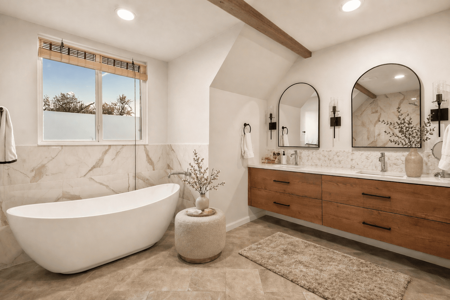 Floating_Vanity_Bathtub_Modern_Herringbone Transitional bath floating walnut wood vanity and freestanding bathtub