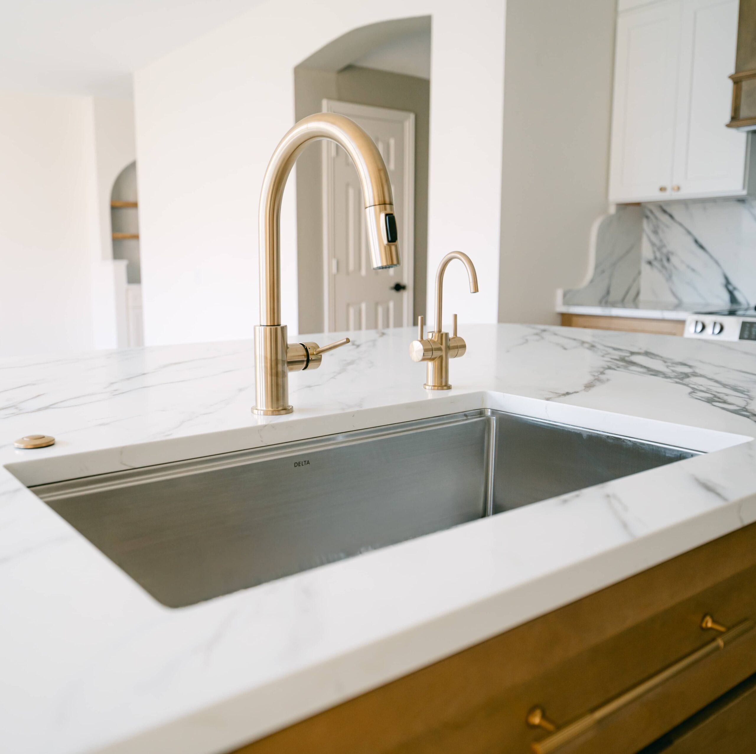 Bathroom vanity white vessel sink gold faucet