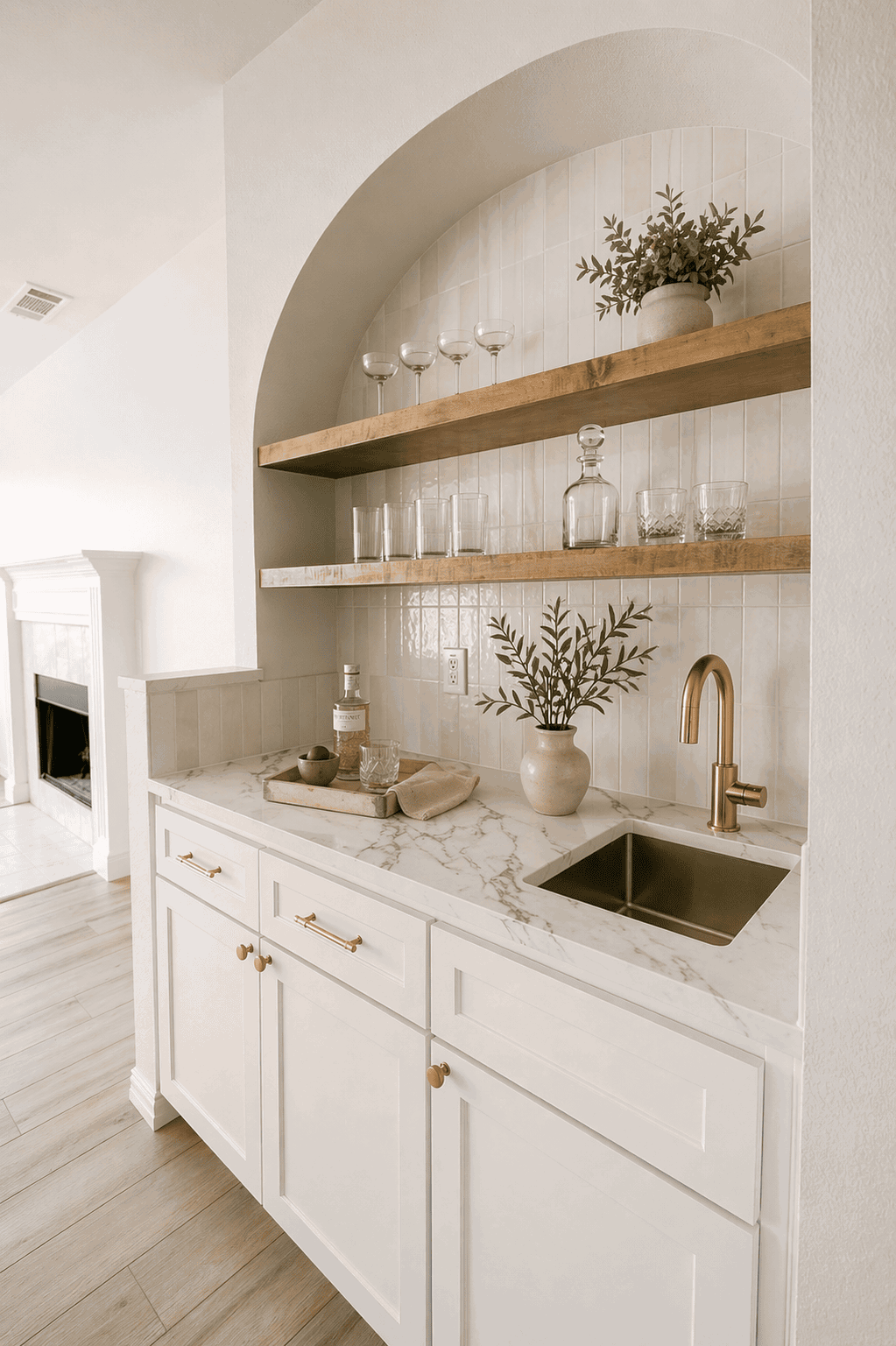 Transitional_Bar_Quartz_Countertop_Arch_Zellige_Tile_Open_Shelving